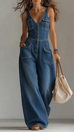 🎁New Arrivals🔥Women's Washed Denim Loose-Fit Sleeveless Jumpsuit with Straps