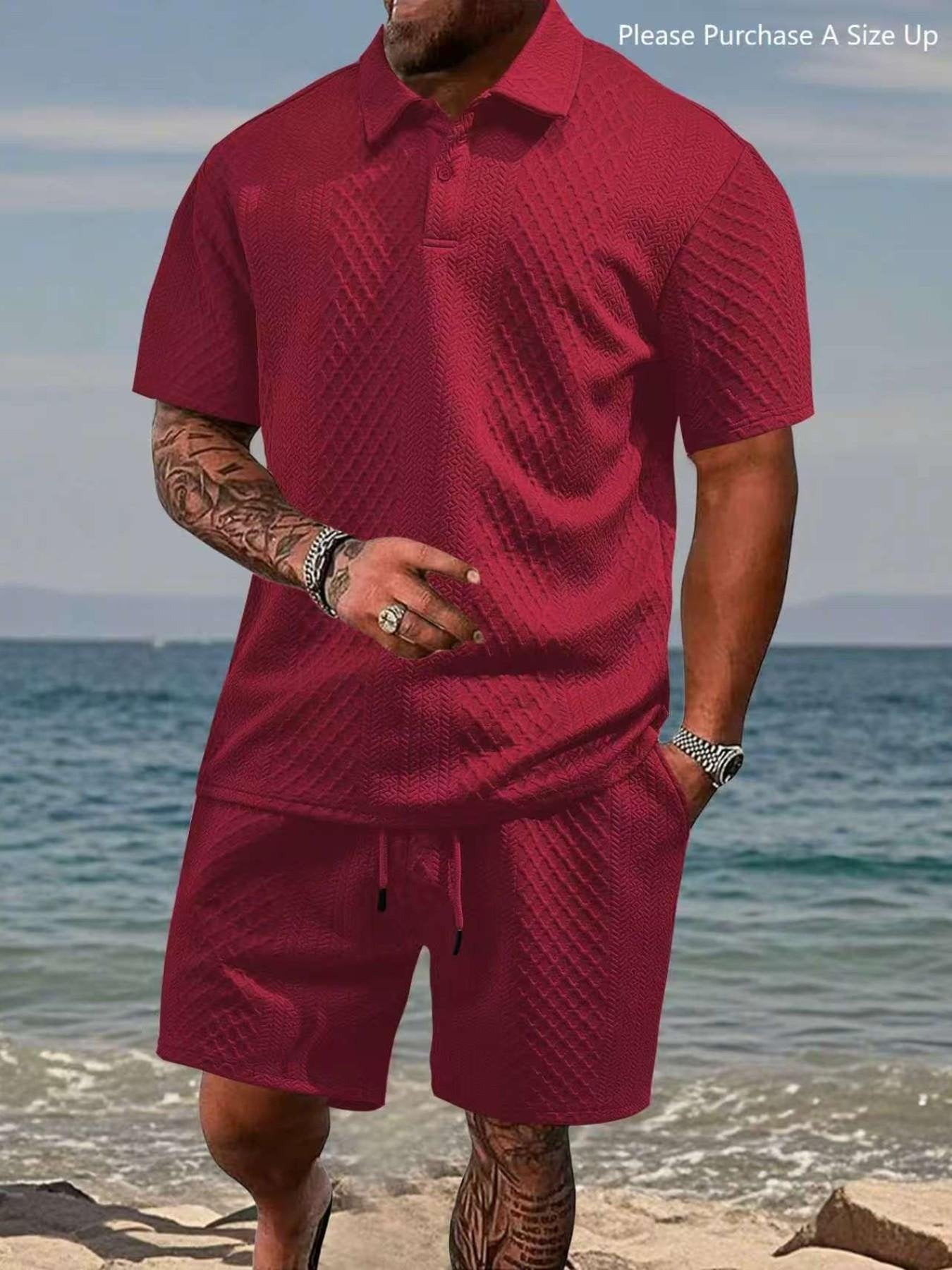 🎁Men's Solid Polo Shirt & Drawstring Waist Shorts Set, Cozy Breathable Two-piece Outfits