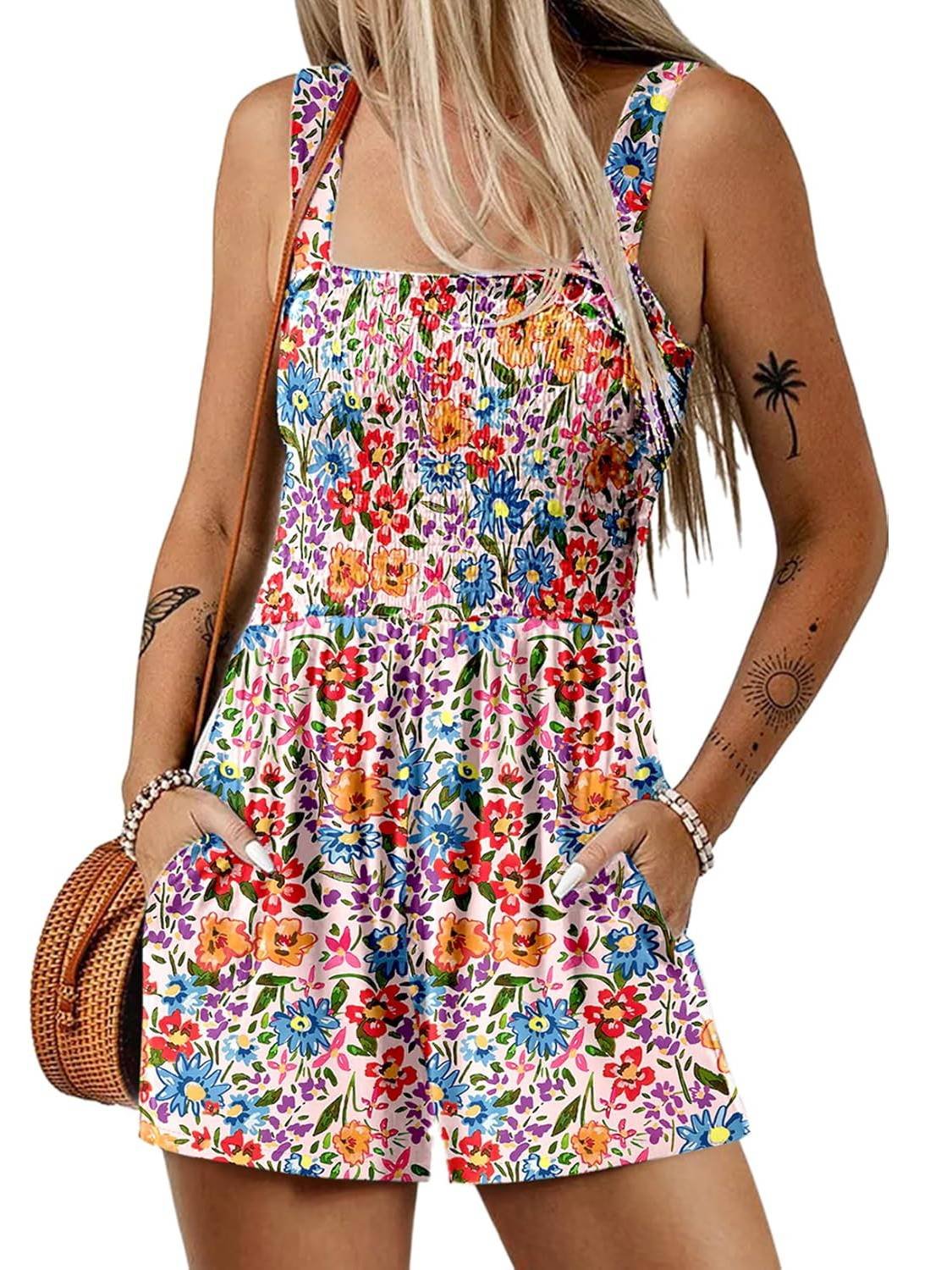 🎁New Arrivals🔥💃Women's Summer Square Neck Sleeveless Loose Casual Short Smocked Romper