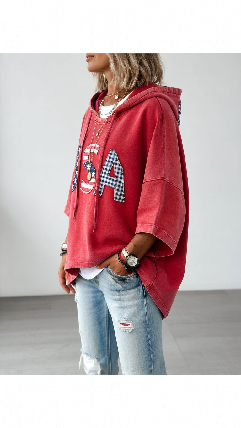 🎁New Arrivals🔥Patriotic Red USA Star Stripe Applique Oversized Hoodie