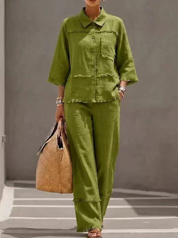 🎁New Arrivals🔥Casual Frayed-hem Linen And Cotton Shirt And Pants Two-piece Set