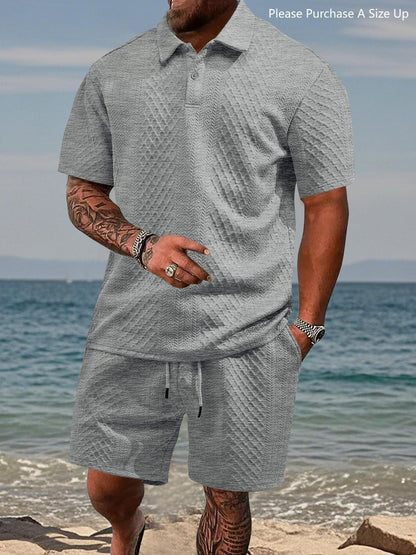 🎁Men's Solid Polo Shirt & Drawstring Waist Shorts Set, Cozy Breathable Two-piece Outfits