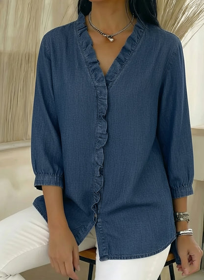 Women's Casual Denim V-Neck Ruffled Shirt | Buy 2 Save 5% | Buy 3 Save 10%