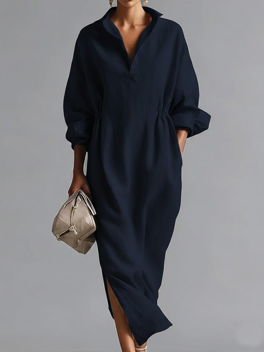 🎁New Arrivals🔥Women's Solid Color Lapel Long-sleeved Casual Loose Cotton Dress