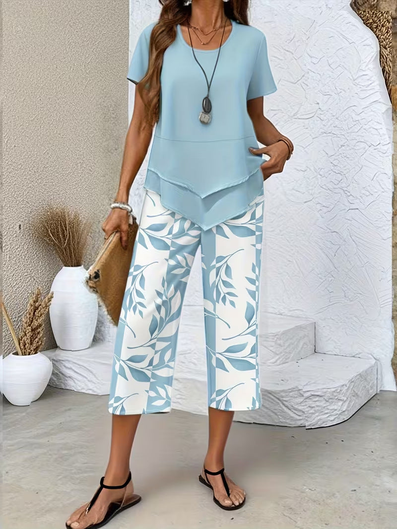 🎁New Arrivals🔥Women's Casual Round Neck Layered Tunic Top and Wide Leg Pants Set