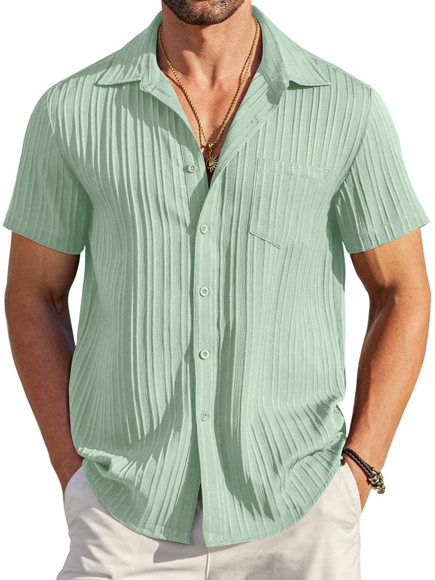 🏆Flash Sale⚡ 80K+ SOLD! Almost Gone-💥Men's Casual Button Down Shirts Short Sleeve Textured Summer Beach Shirt with Pocket