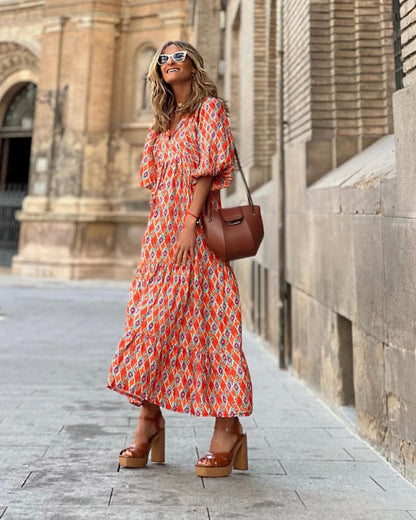 🎁New Arrivals🔥 Puffy Sleeve Floral Pattern Elegant Boho Dress