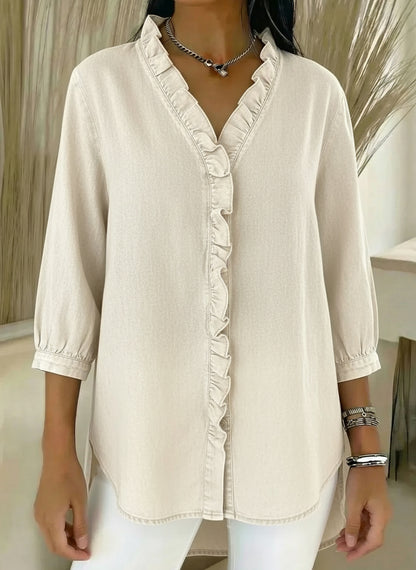 Women's Casual Denim V-Neck Ruffled Shirt | Buy 2 Save 5% | Buy 3 Save 10%
