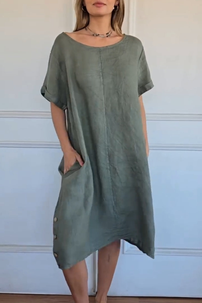 Short-sleeved Round Neck Linen Dress