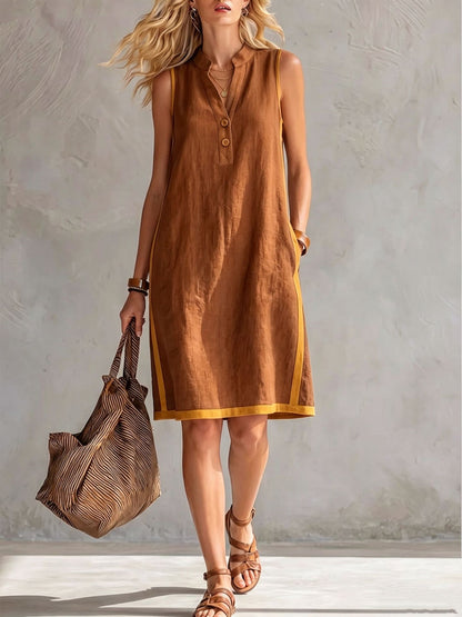 🎁New Arrivals🔥Women's Sleeveless V-Neck Button-Front Pocketed A-Line Midi Dress