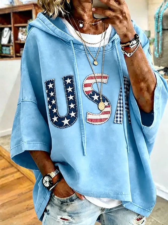 🎁New Arrivals🔥Patriotic Red USA Star Stripe Applique Oversized Hoodie