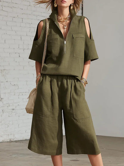 🎁New Arrivals🔥Stand-up Collar Zipper Short-Sleeve Top and Wide-Leg Pants Two-Piece Set