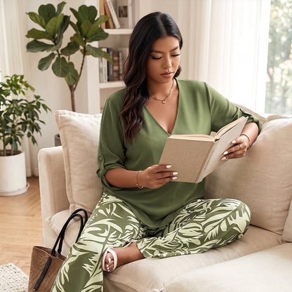 🌸 Women's V-Neck Blouse & Printed Wide-Leg Pants Set