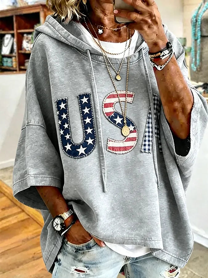 🎁New Arrivals🔥Patriotic Red USA Star Stripe Applique Oversized Hoodie