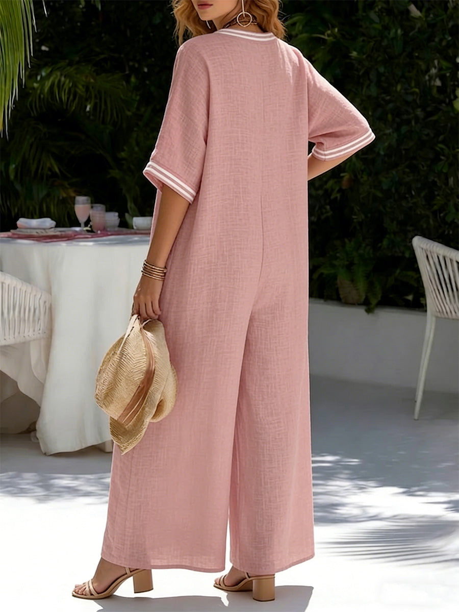 🎁New Arrivals🔥 Cozy Loose-fit V Neck Striped Cotton Linen Jumpsuit