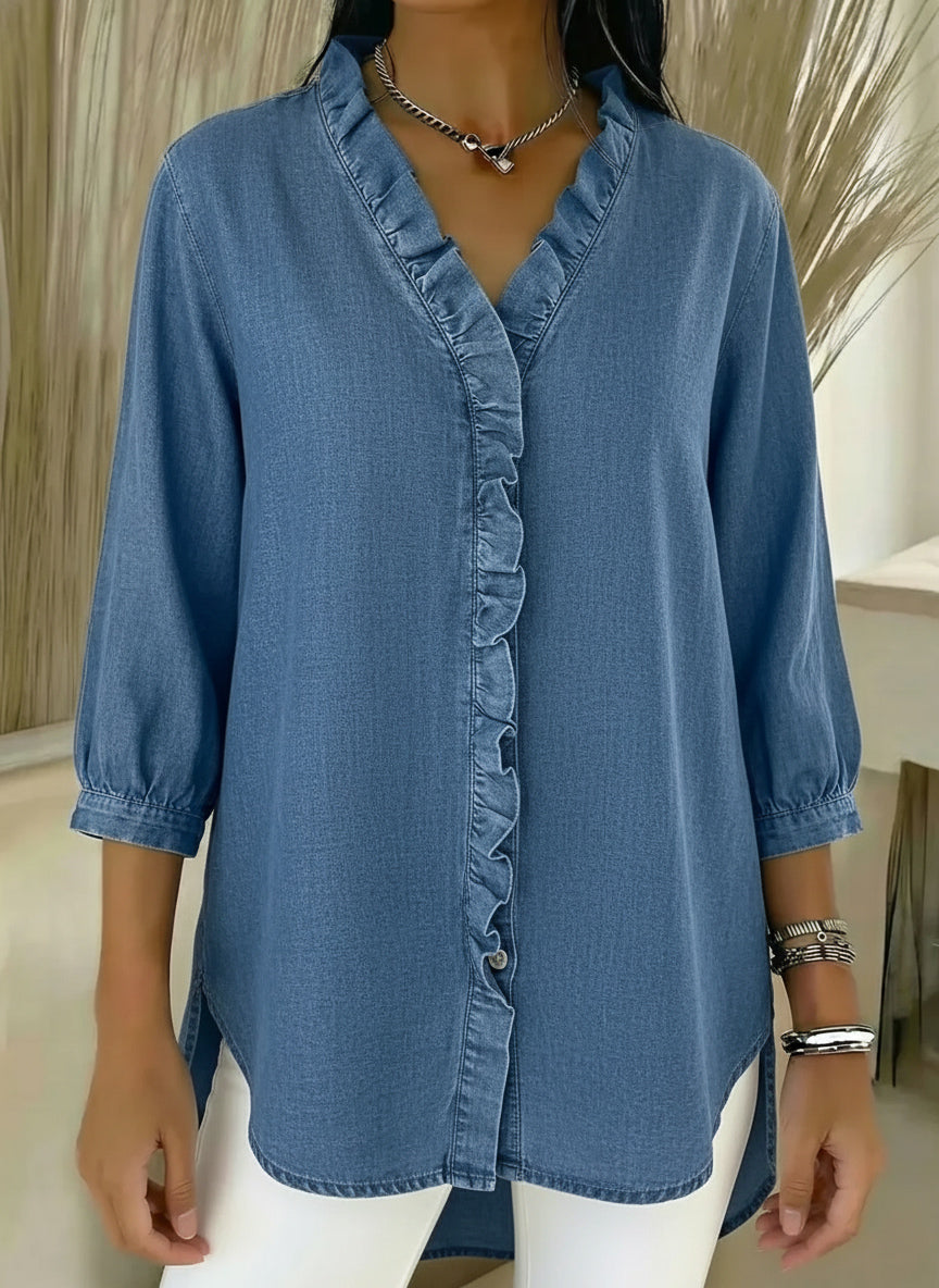 Women's Casual Denim V-Neck Ruffled Shirt | Buy 2 Save 5% | Buy 3 Save 10%