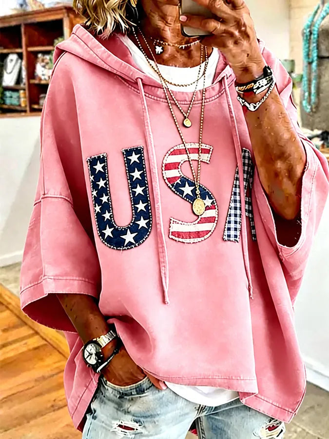 🎁New Arrivals🔥Patriotic Red USA Star Stripe Applique Oversized Hoodie