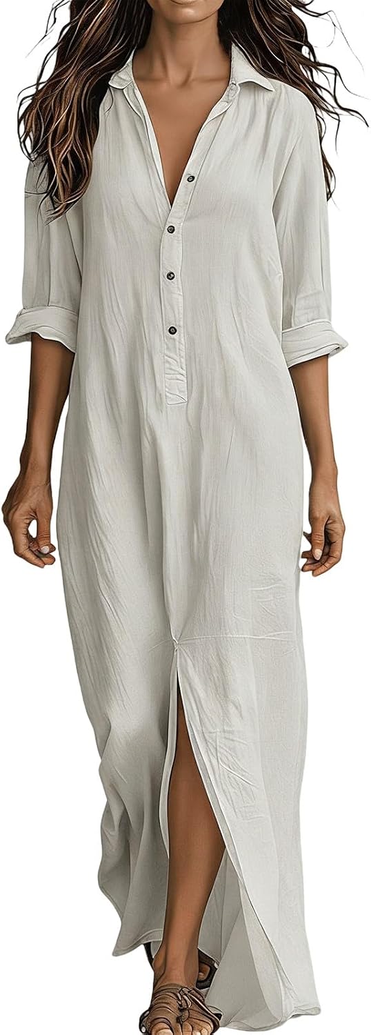 🎁New Arrivals🔥Women's Maxi Dress – 3/4 Sleeve V-Neck Button-Down with Front Split