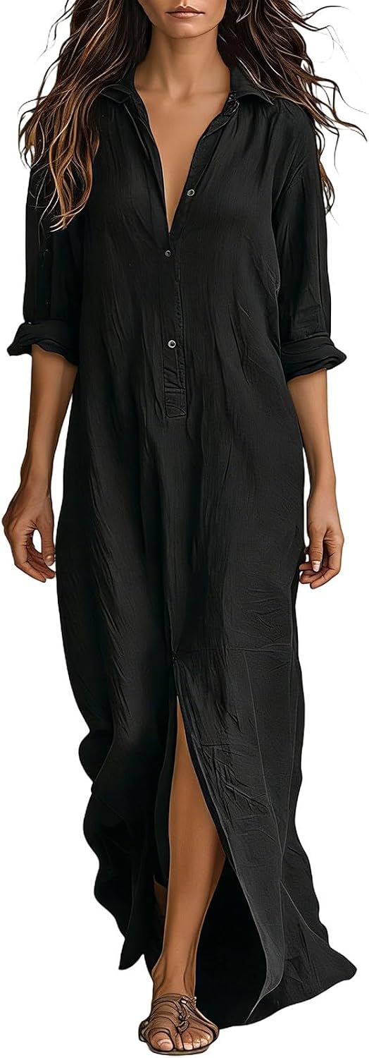 🎁New Arrivals🔥Women's Maxi Dress – 3/4 Sleeve V-Neck Button-Down with Front Split