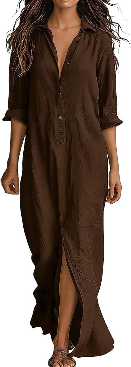 🎁New Arrivals🔥Women's Maxi Dress – 3/4 Sleeve V-Neck Button-Down with Front Split