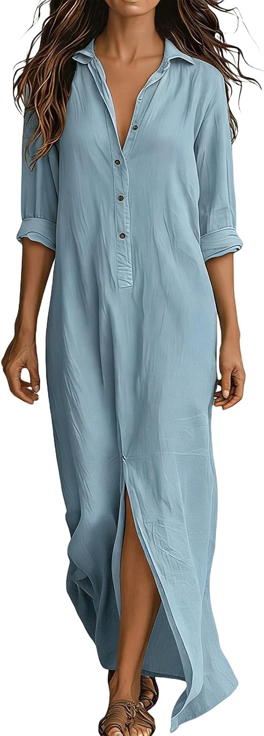 🎁New Arrivals🔥Women's Maxi Dress – 3/4 Sleeve V-Neck Button-Down with Front Split