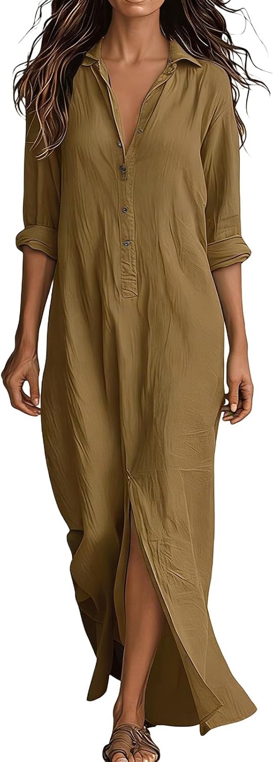 🎁New Arrivals🔥Women's Maxi Dress – 3/4 Sleeve V-Neck Button-Down with Front Split