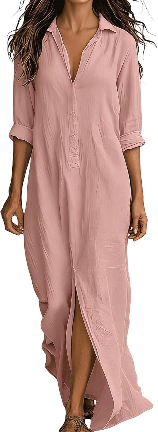 🎁New Arrivals🔥Women's Maxi Dress – 3/4 Sleeve V-Neck Button-Down with Front Split