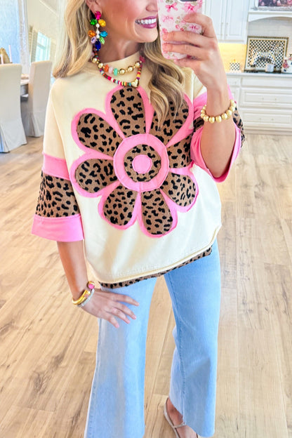 Ivory & Pink Leopard Floral Print Top – Bold, Feminine & Eye-Catching