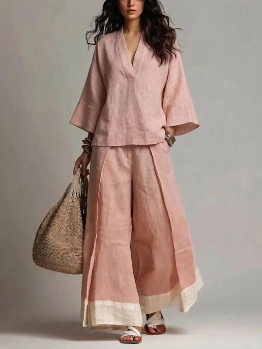 🎁New Arrivals🔥Loose Plus Size Contrast Color Pleated Pockets V-Neck Two Pieces Set