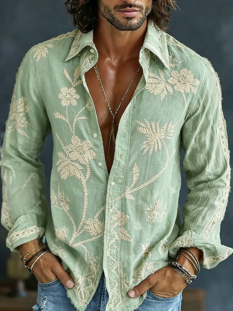 🎁New Arrivals🔥Men's Spring Floral Embroidered Art Print Flowy Linen Blend Casual Shirt