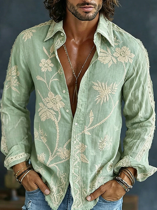 🎁New Arrivals🔥Men's Spring Floral Embroidered Art Print Flowy Linen Blend Casual Shirt