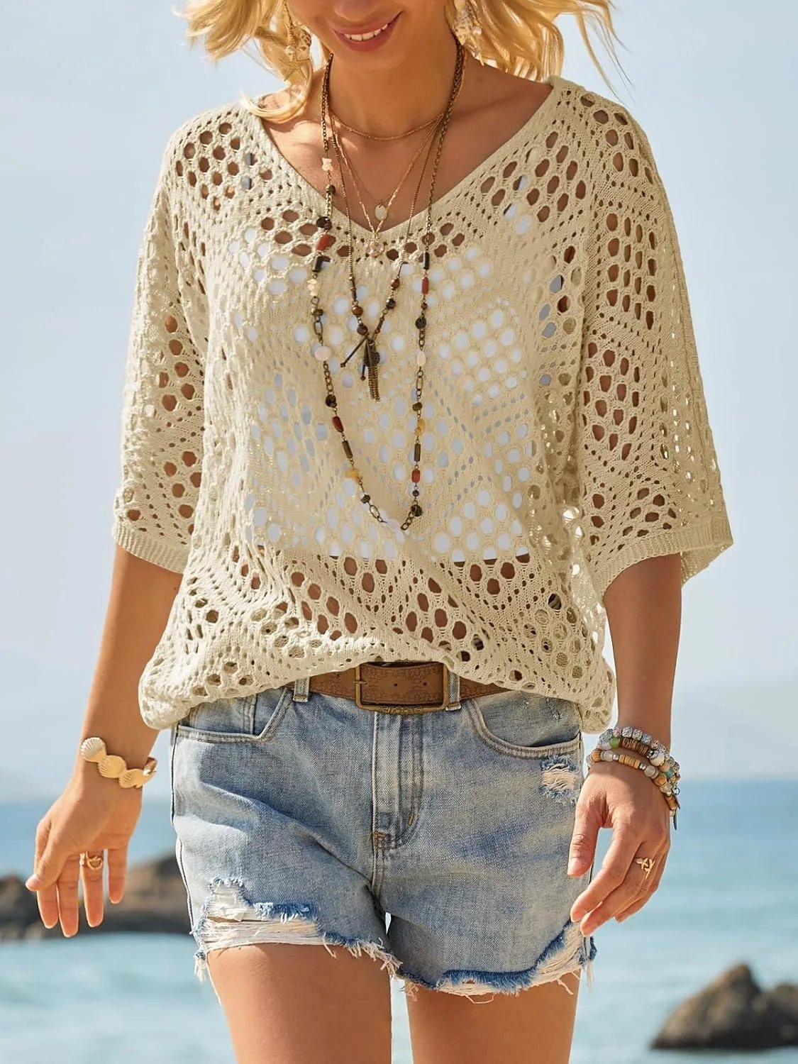 🎁New Arrivals🔥 Handmade Crochet V‐Neck Boho Top | Apricot Summer Essential