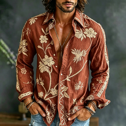 🎁New Arrivals🔥Men's Spring Floral Embroidered Art Print Flowy Linen Blend Casual Shirt