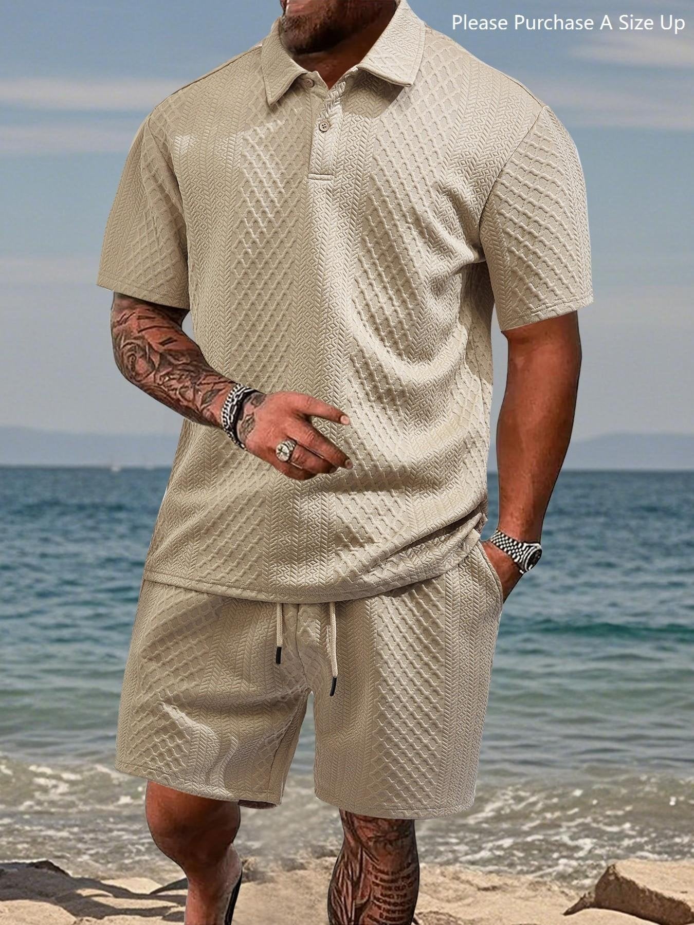 🎁Men's Solid Polo Shirt & Drawstring Waist Shorts Set, Cozy Breathable Two-piece Outfits