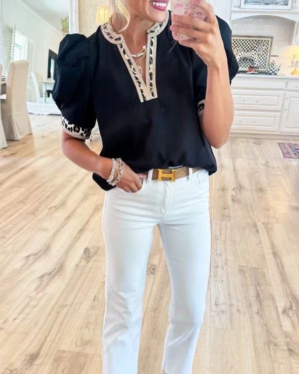 Leisure Leopard Contrast Puff Sleeve Top - Trendy, Playful and Effortlessly Stylish