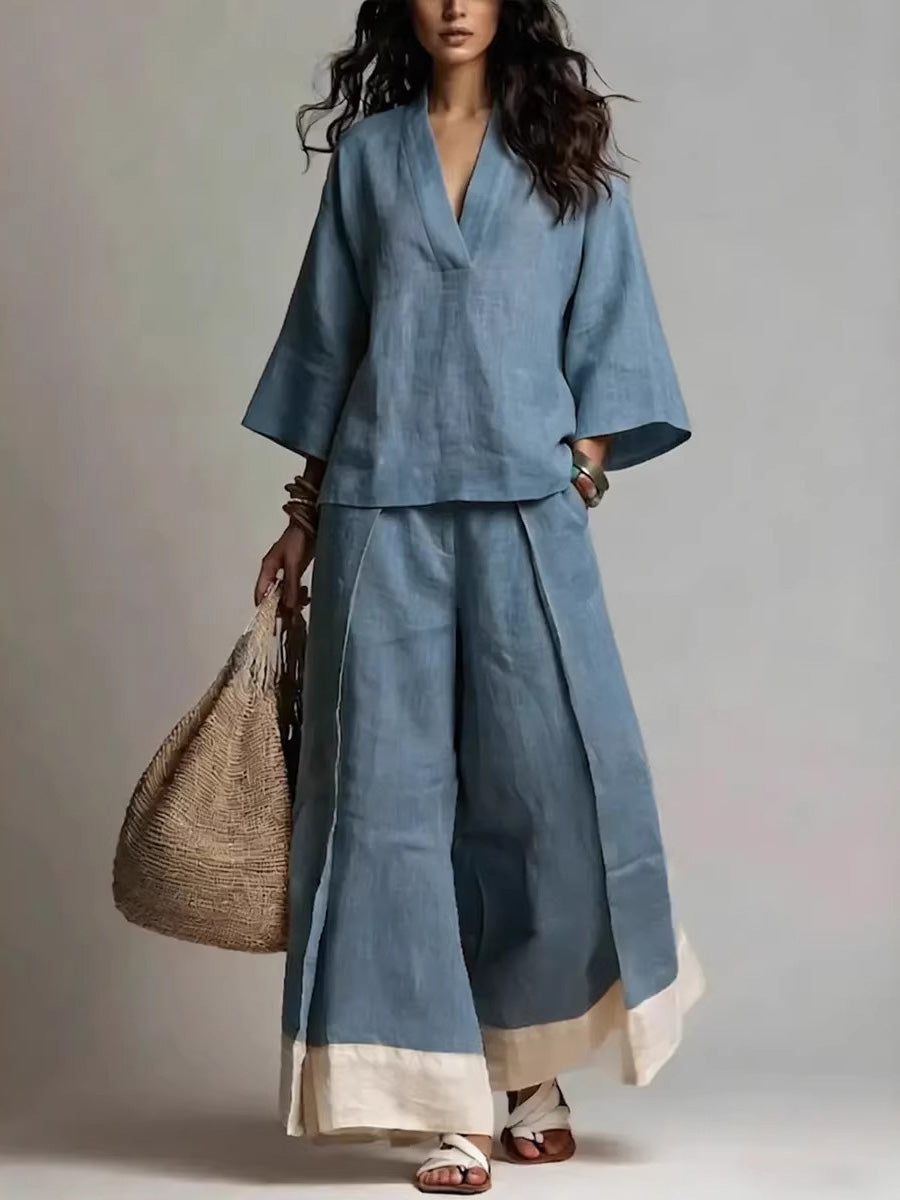 🎁New Arrivals🔥Loose Plus Size Contrast Color Pleated Pockets V-Neck Two Pieces Set
