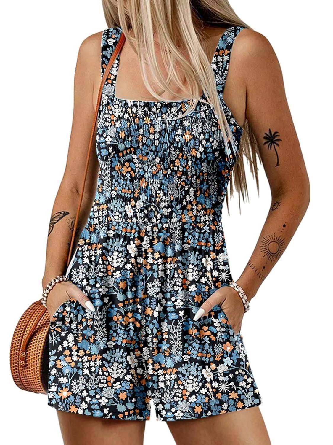 🎁New Arrivals🔥💃Women's Summer Square Neck Sleeveless Loose Casual Short Smocked Romper