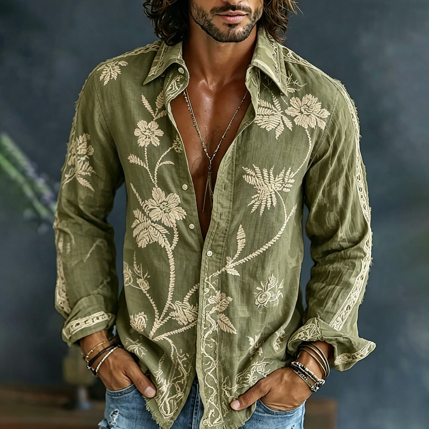 🎁New Arrivals🔥Men's Spring Floral Embroidered Art Print Flowy Linen Blend Casual Shirt