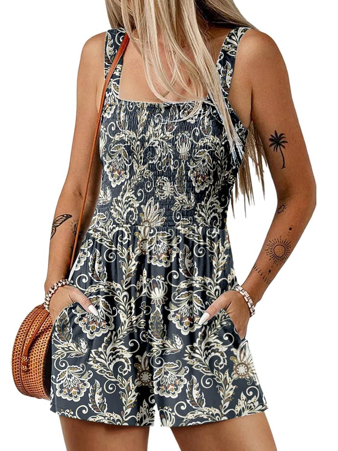 🎁New Arrivals🔥💃Women's Summer Square Neck Sleeveless Loose Casual Short Smocked Romper