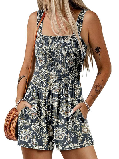 🎁New Arrivals🔥💃Women's Summer Square Neck Sleeveless Loose Casual Short Smocked Romper