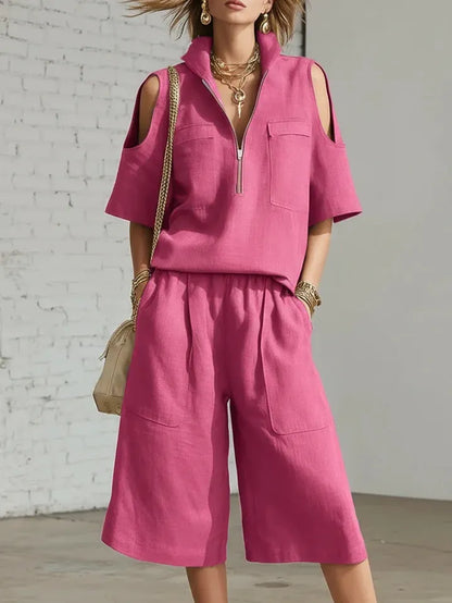 🎁New Arrivals🔥Stand-up Collar Zipper Short-Sleeve Top and Wide-Leg Pants Two-Piece Set