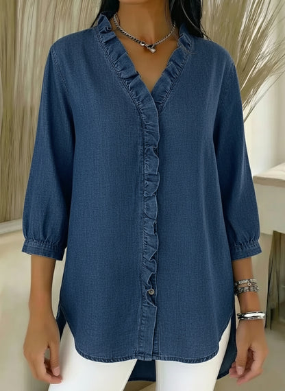 Women's Casual Denim V-Neck Ruffled Shirt | Buy 2 Save 5% | Buy 3 Save 10%
