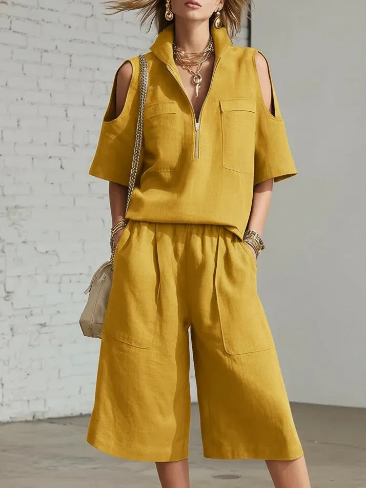 🎁New Arrivals🔥Stand-up Collar Zipper Short-Sleeve Top and Wide-Leg Pants Two-Piece Set