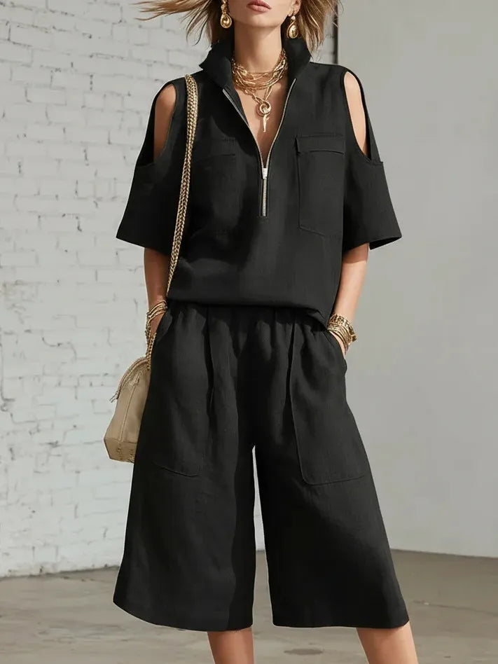 🎁New Arrivals🔥Stand-up Collar Zipper Short-Sleeve Top and Wide-Leg Pants Two-Piece Set