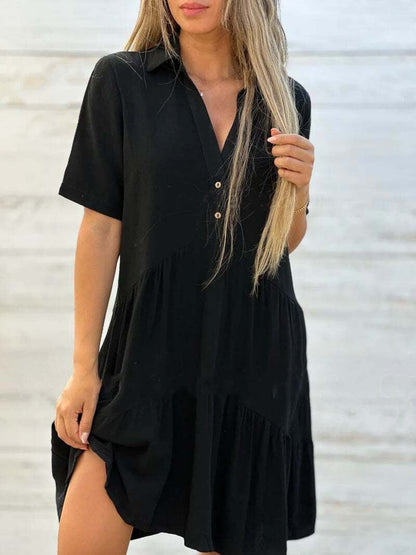 🎁New Arrivals🔥Women's Loose Solid Color Lapel Leisure Short Sleeve Cotton Linen Dress