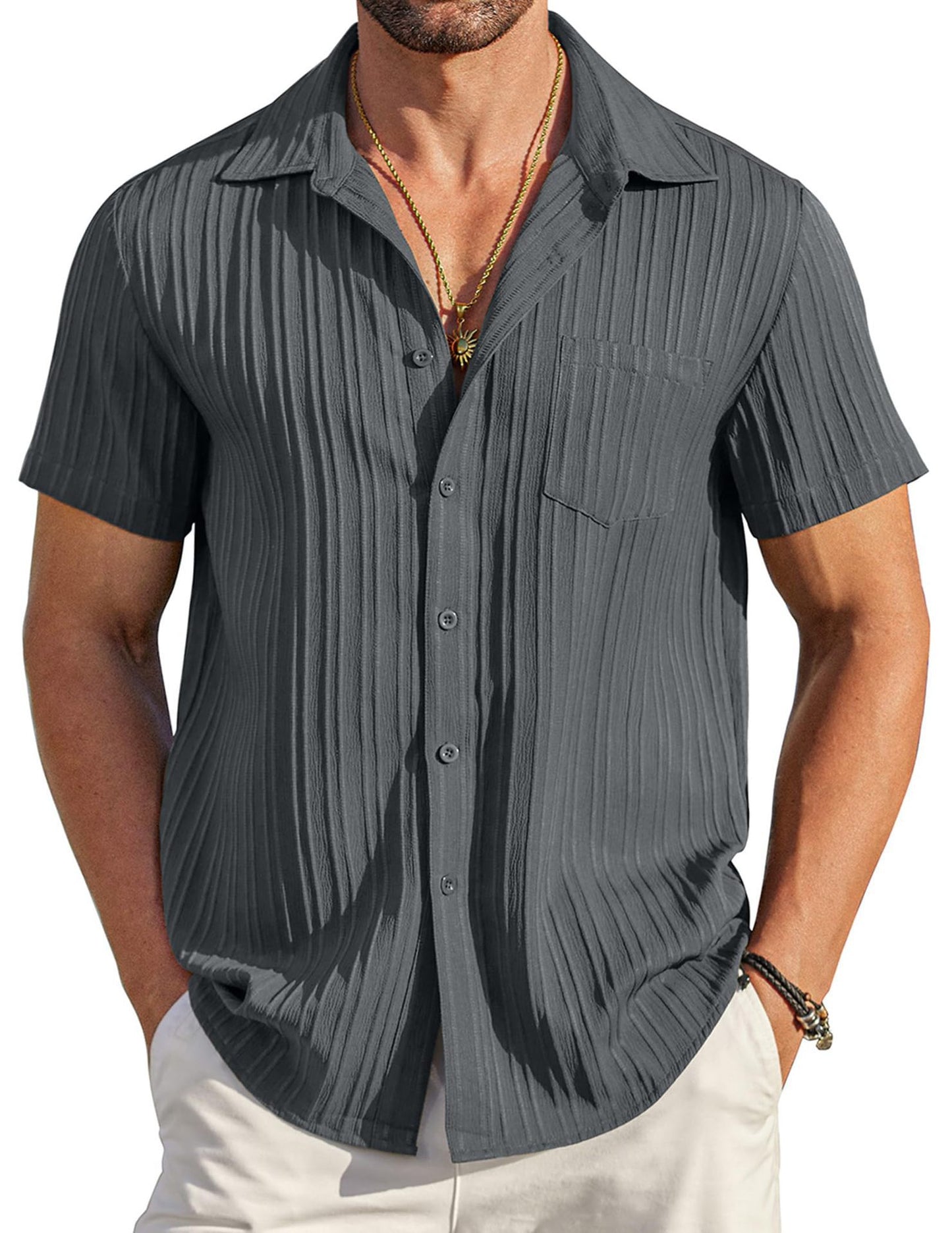 🏆Flash Sale⚡ 80K+ SOLD! Almost Gone-💥Men's Casual Button Down Shirts Short Sleeve Textured Summer Beach Shirt with Pocket