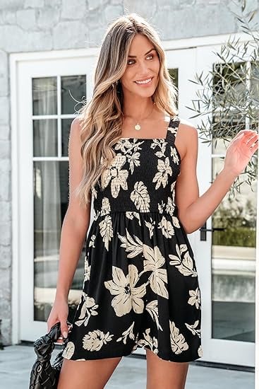 🎁New Arrivals🔥💃Women's Summer Square Neck Sleeveless Loose Casual Short Smocked Romper