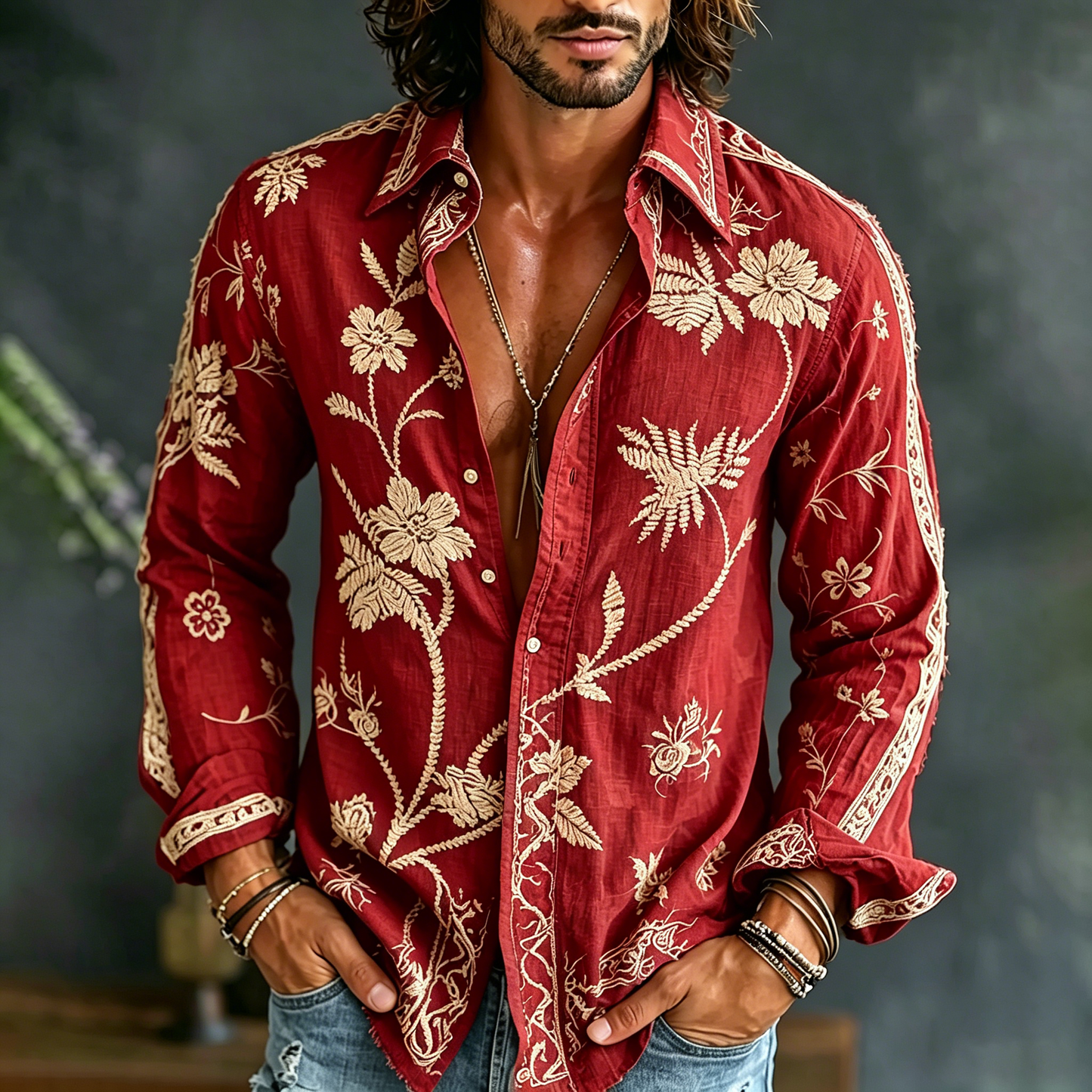 🎁New Arrivals🔥Men's Spring Floral Embroidered Art Print Flowy Linen Blend Casual Shirt