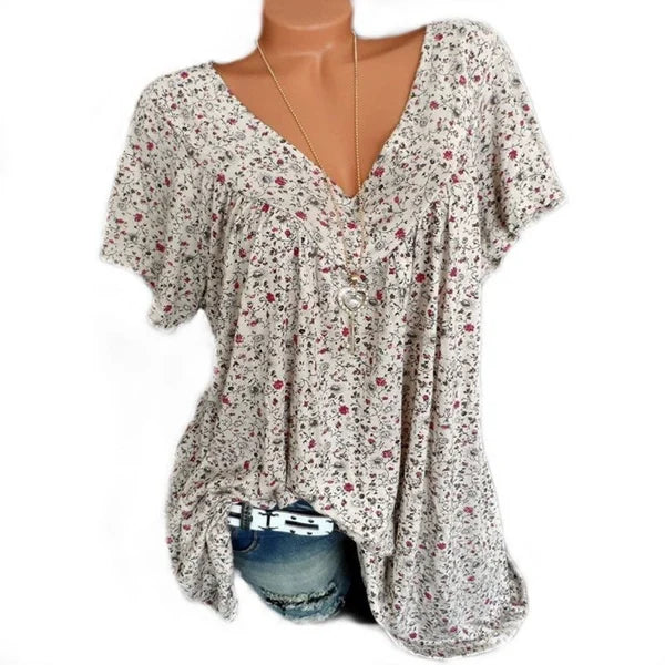 Women's Casual V-Neck Printed T-Shirt – Short Sleeve Summer Top