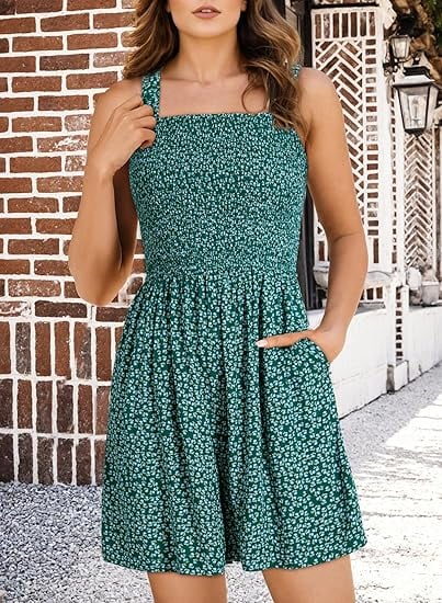 🎁New Arrivals🔥💃Women's Summer Square Neck Sleeveless Loose Casual Short Smocked Romper
